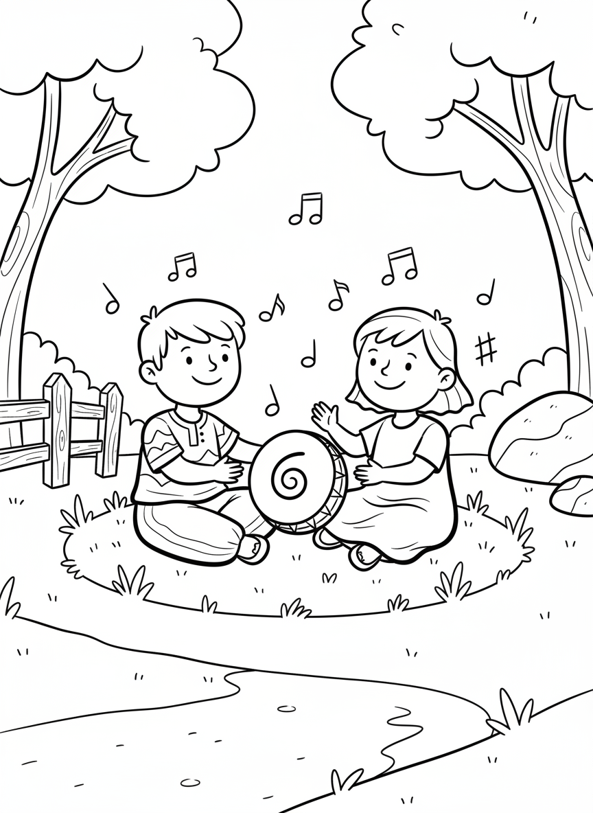 Two children sitting in a circle playing a traditional hand drum together, with simple musical notes floating around them, friendly and welcoming scene