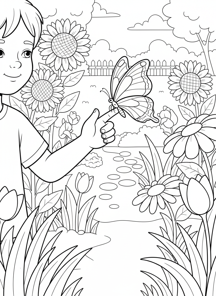 Butterfly landing on a child's outstretched hand in a garden, surrounded by simple flowers and grass, heartwarming scene.