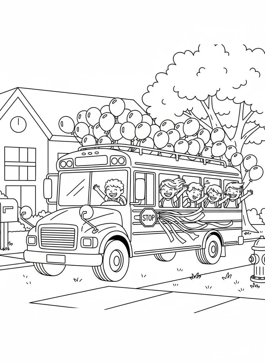 A school bus decorated with balloons and streamers, with excited kids waving from the windows on the last day
