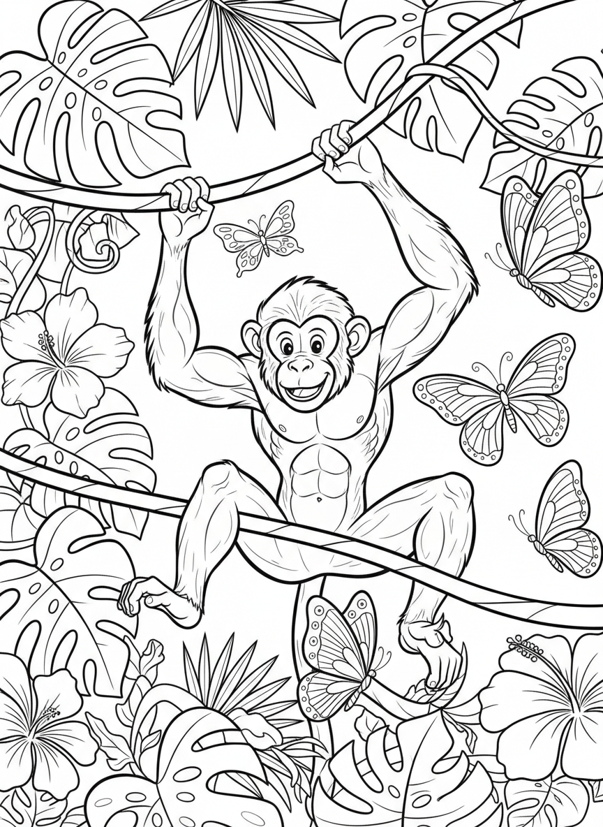 A monkey swinging from jungle vines in a tropical rainforest, with large leaves, flowers, and butterflies all around.
