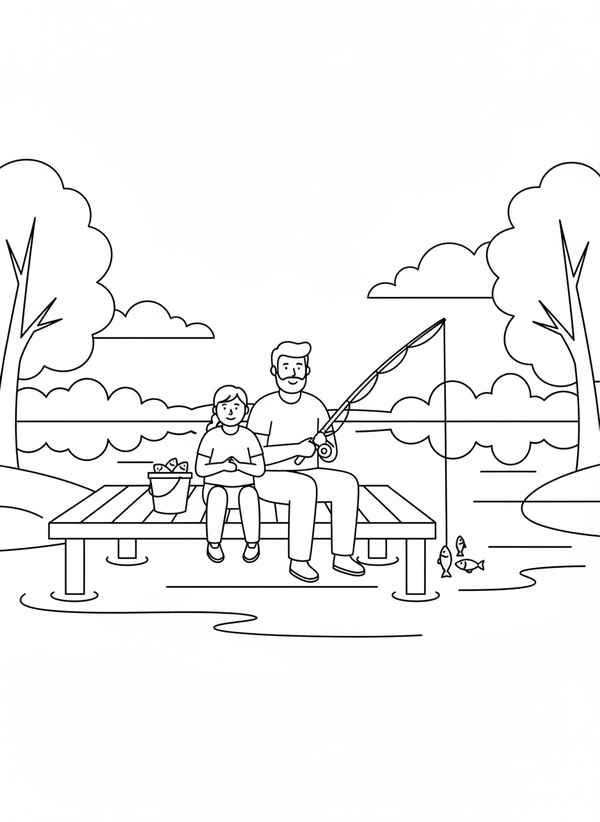 A father and child fishing together by a peaceful lake, sitting on a dock with fishing rods, a bucket, and small fish jumping in the water