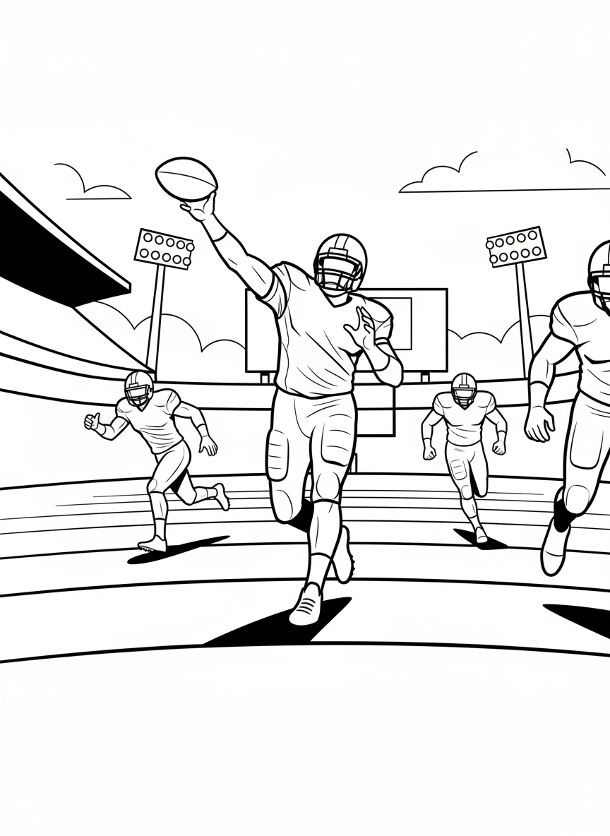 A quarterback throwing a football with perfect form, arm extended, with teammates running routes in the background.