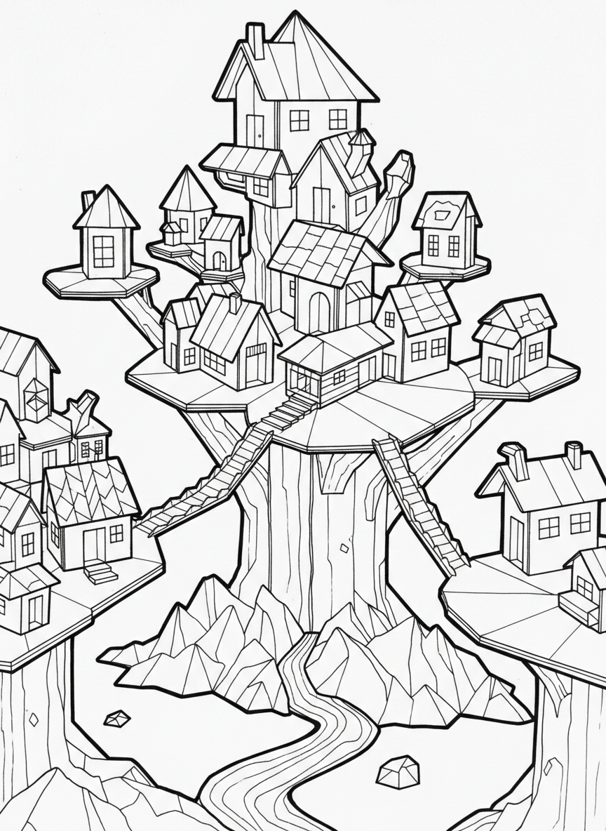 An origami treehouse village with multiple small houses connected by paper-folded bridges and platforms, creating a whimsical elevated community.