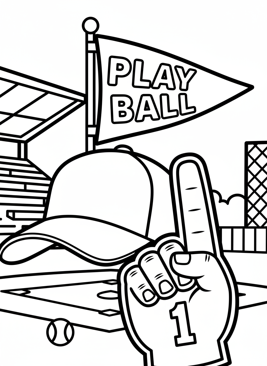 A baseball cap, pennant flag, and foam finger arranged together with 'Play Ball' text, simple objects perfect for younger children.