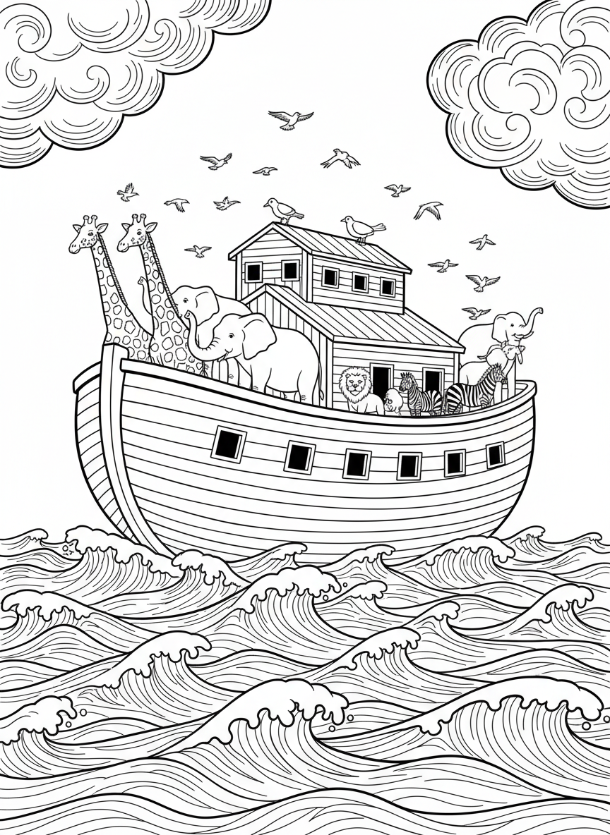 Noah's Ark floating on waves with pairs of animals visible on the deck, including giraffes, elephants, and birds