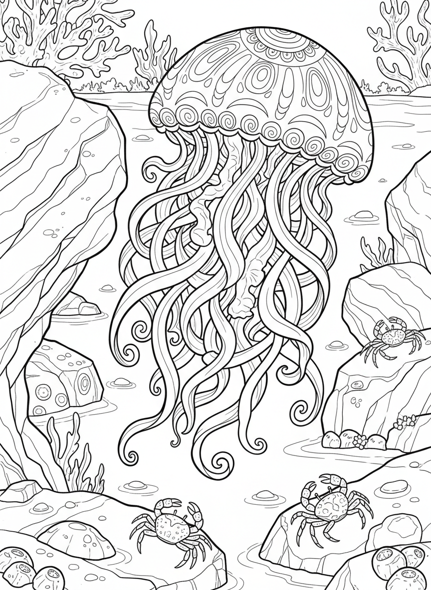 Detailed jellyfish with an ornate patterned bell featuring swirls and lines, multiple layered tentacles, and small crabs walking on tide pool rocks nearby.