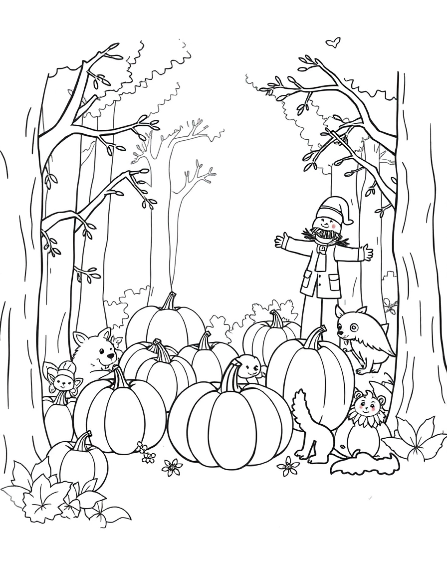 Forest scene with pumpkins, scarecrow and woodland animals