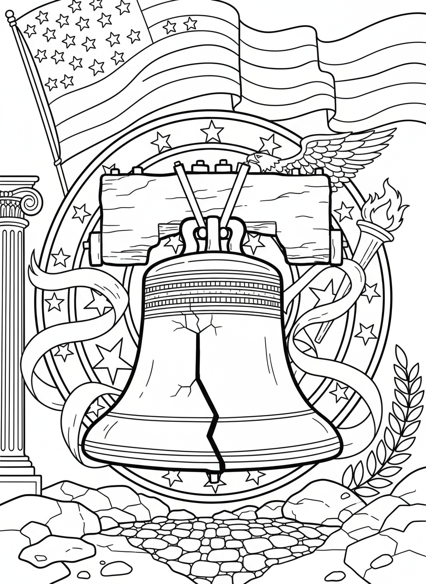 A large Liberty Bell with cracks visible, surrounded by stars, ribbons, and patriotic symbols in a commemorative design