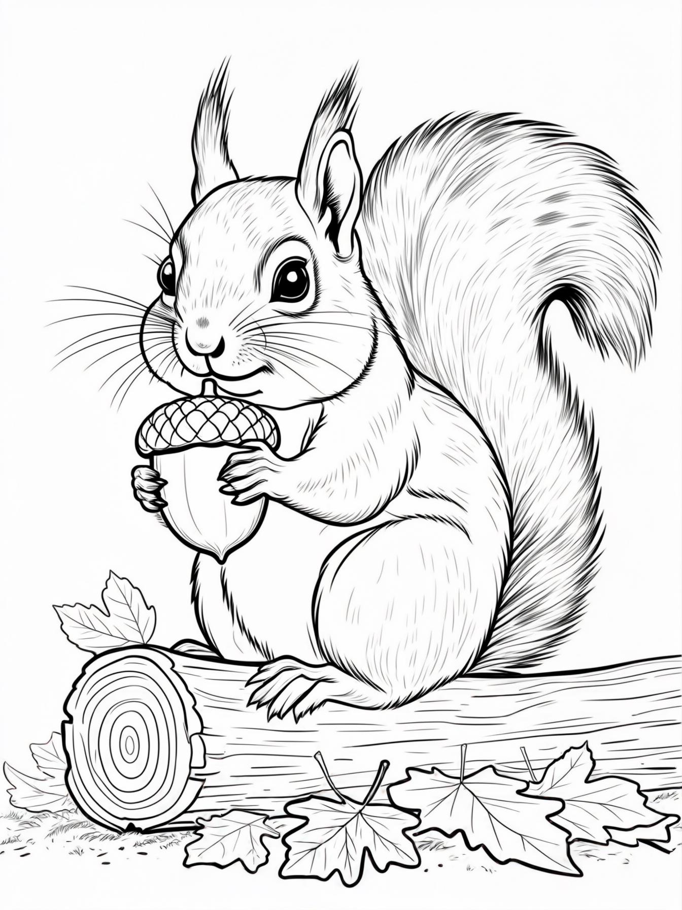 Squirrel's Harvest: A cute, chubby squirrel with its cheeks full, sitting on a log and holding a large acorn. The ground around it is covered in fallen leaves.