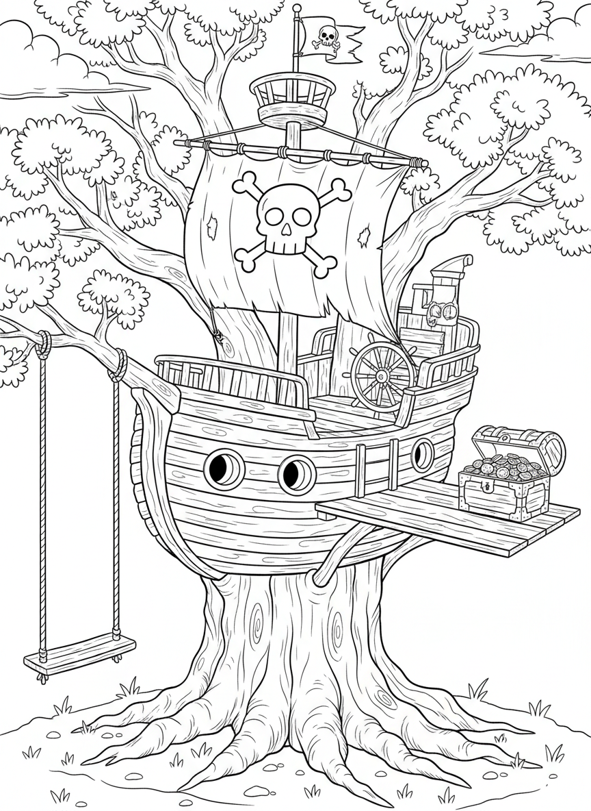 A treehouse shaped like a pirate ship with a crow's nest, rope swing, and treasure chest on the wooden deck