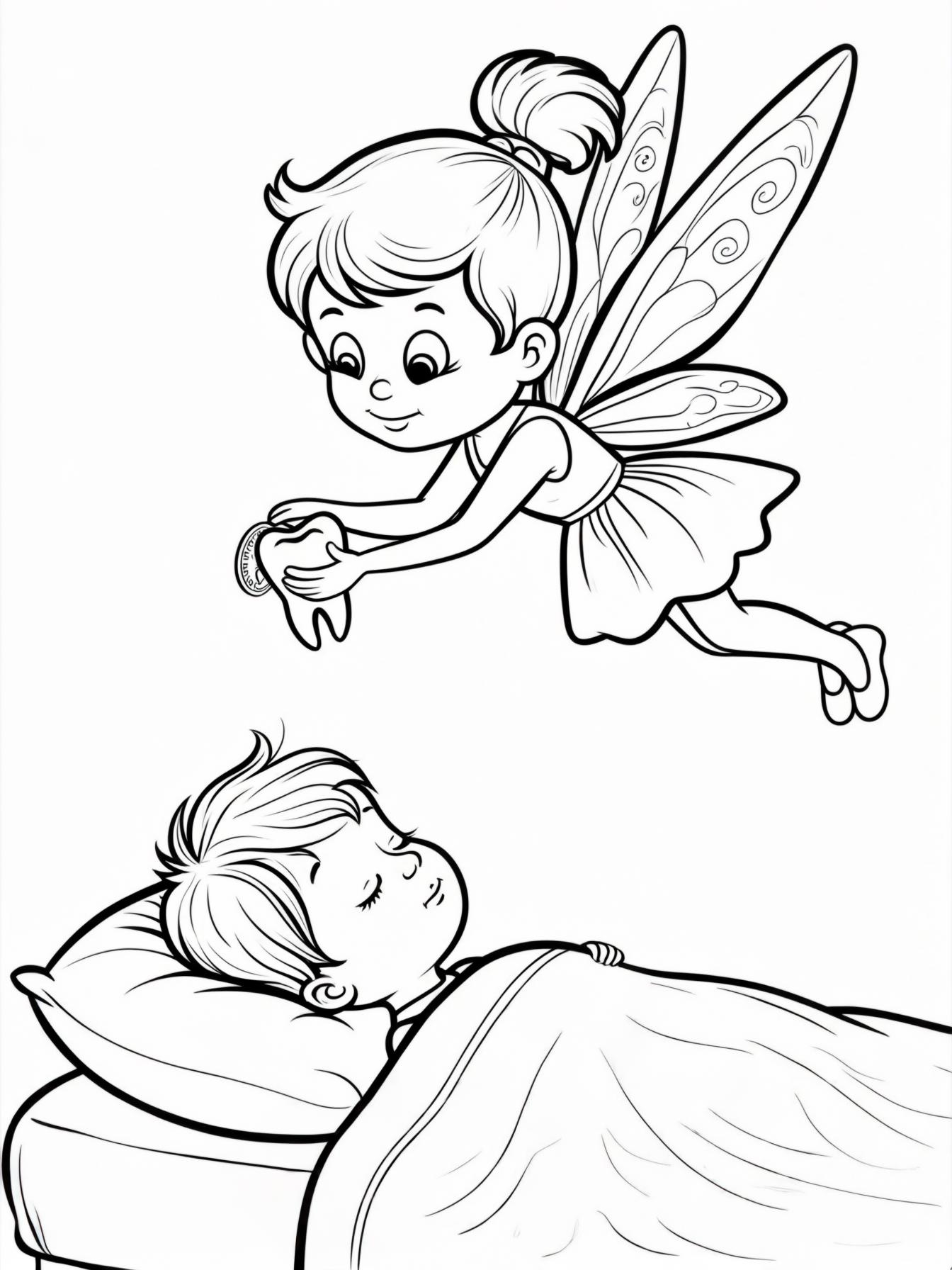 Tooth Fairy: The Visit: A whimsical fairy hovering over a sleeping child's pillow, swapping a tooth for a shiny coin.