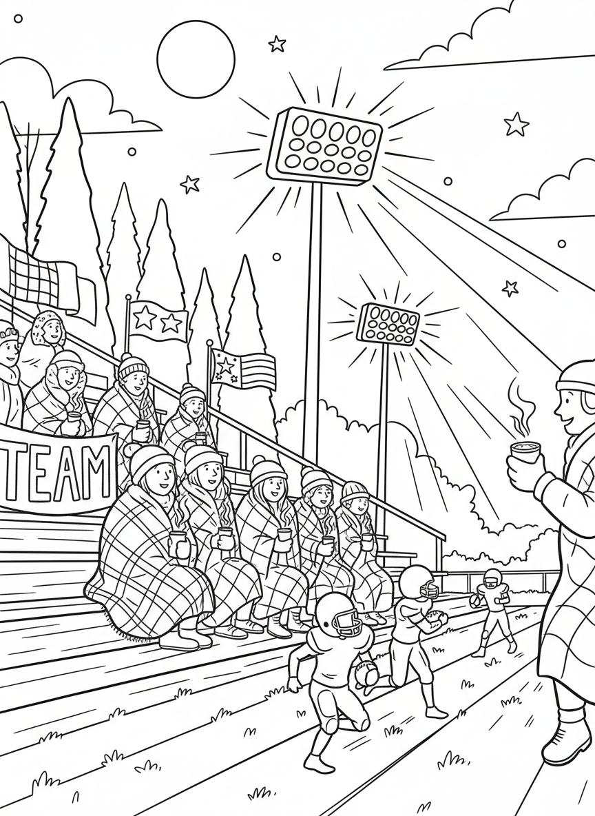 Friday Night Lights coloring page prompts capturing high school football atmosphere, community pride, and glowing stadium scenes.	Fans wrapped in blankets sitting on bleachers, hot drinks in hand while watching the game unfold.