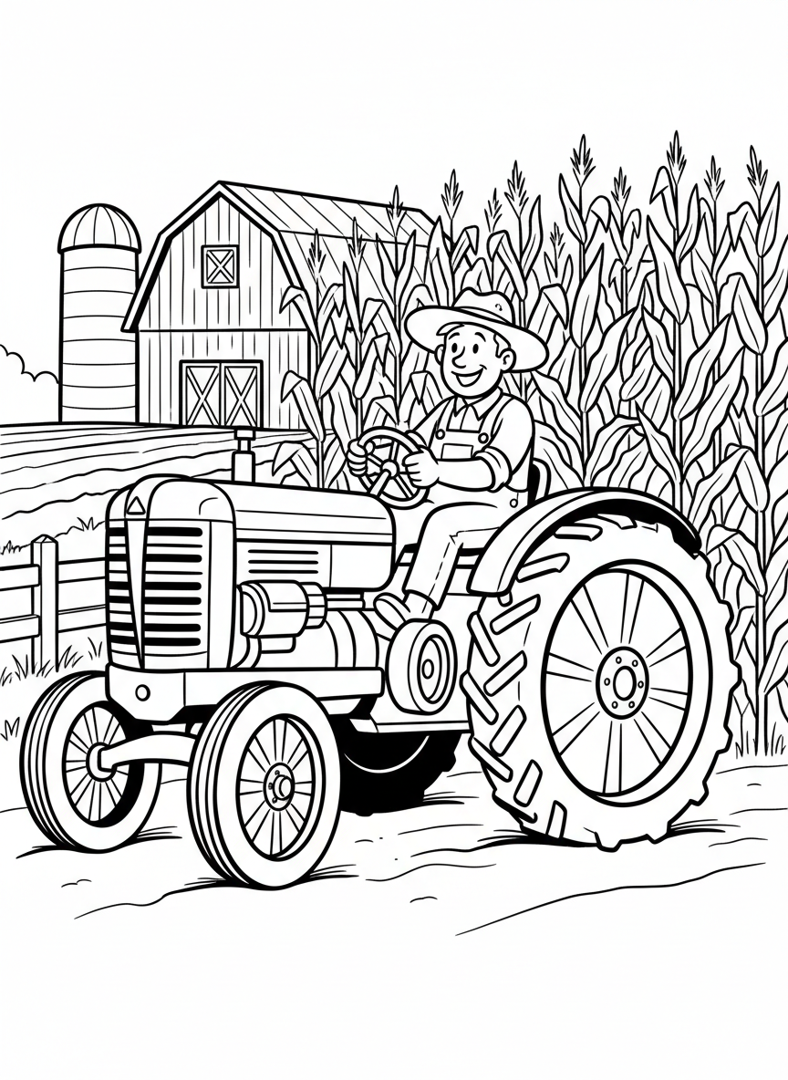 A cheerful farmer driving a large tractor through a field of tall corn stalks, with a barn and silo visible in the background.