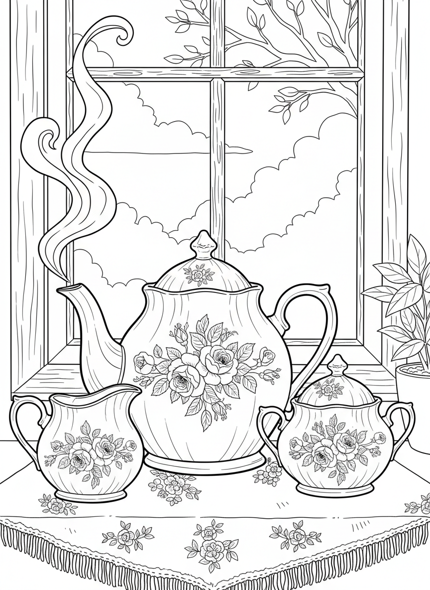 Close-up of a fancy teapot with floral patterns, steam swirling above the spout, with a sugar bowl and creamer nearby