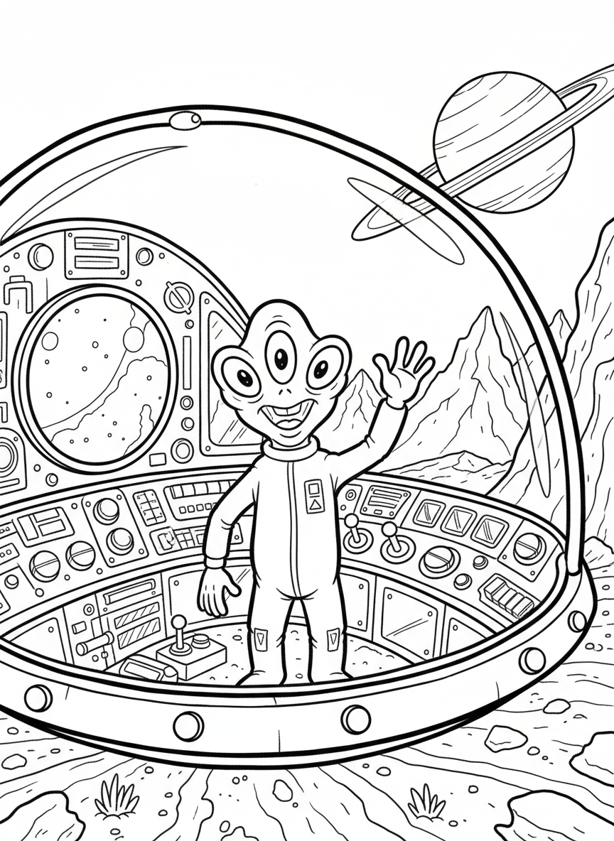 A friendly alien waving from inside a bubble-dome spaceship with control panels and buttons visible, close-up view
