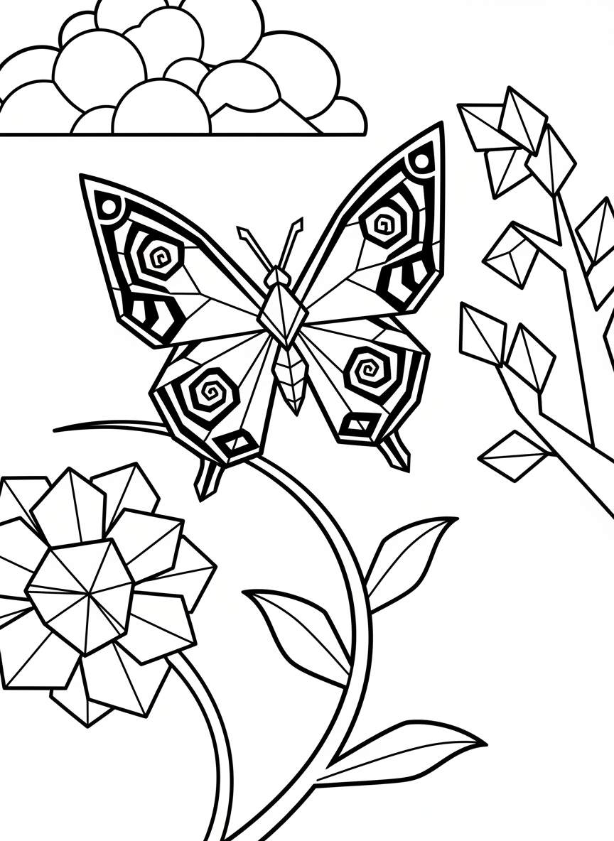 An origami butterfly with decorative wing patterns, perched on a flower stem, displaying clear paper fold lines and geometric shapes.