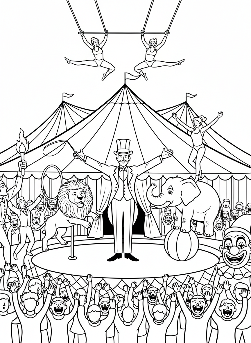 A ringmaster standing in the center of a circus performance with animals, performers, and cheering crowds surrounding the stage.