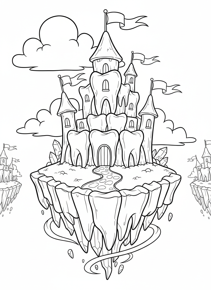 A tooth fairy castle made entirely of giant teeth with turrets and flags, set on a magical floating island
