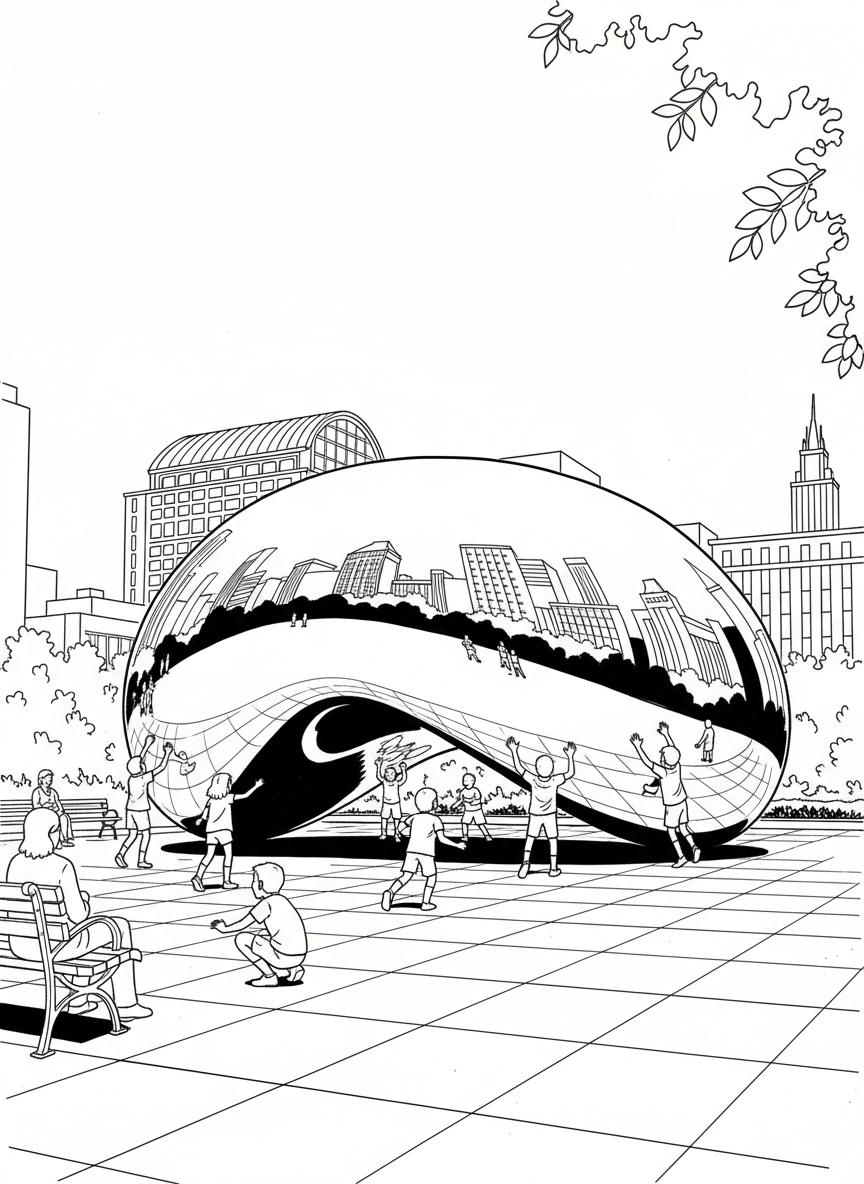 Cloud Gate sculpture (the Bean) in Millennium Park with children playing around it, simple line art with clear reflective curved surface and city skyline in background