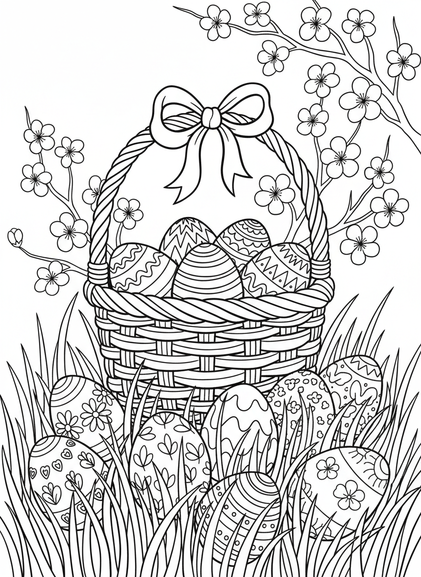 An Easter basket sitting in tall grass with decorated eggs spilling out, a ribbon on the handle, and spring blossoms on nearby branches.