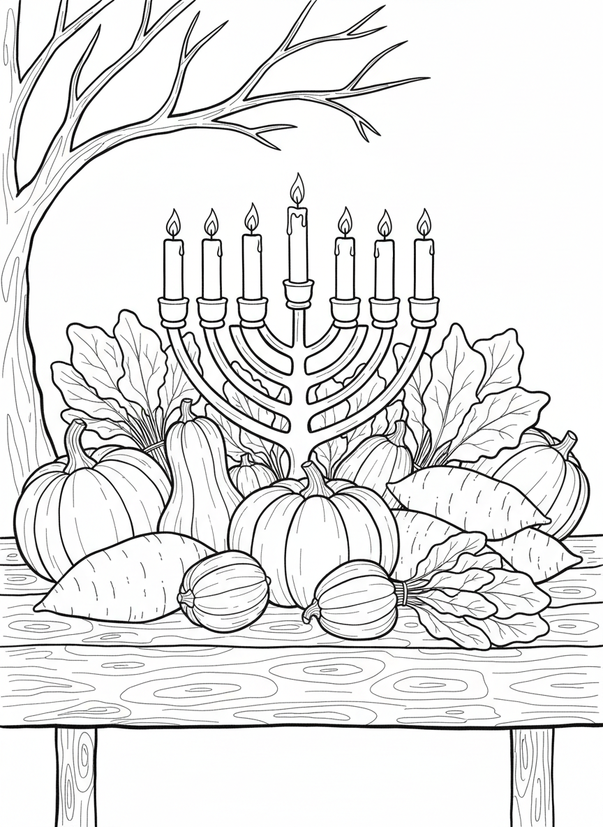 A Kinara with all seven candles lit, surrounded by harvest vegetables like sweet potatoes, squash, and leafy greens in a festive arrangement.