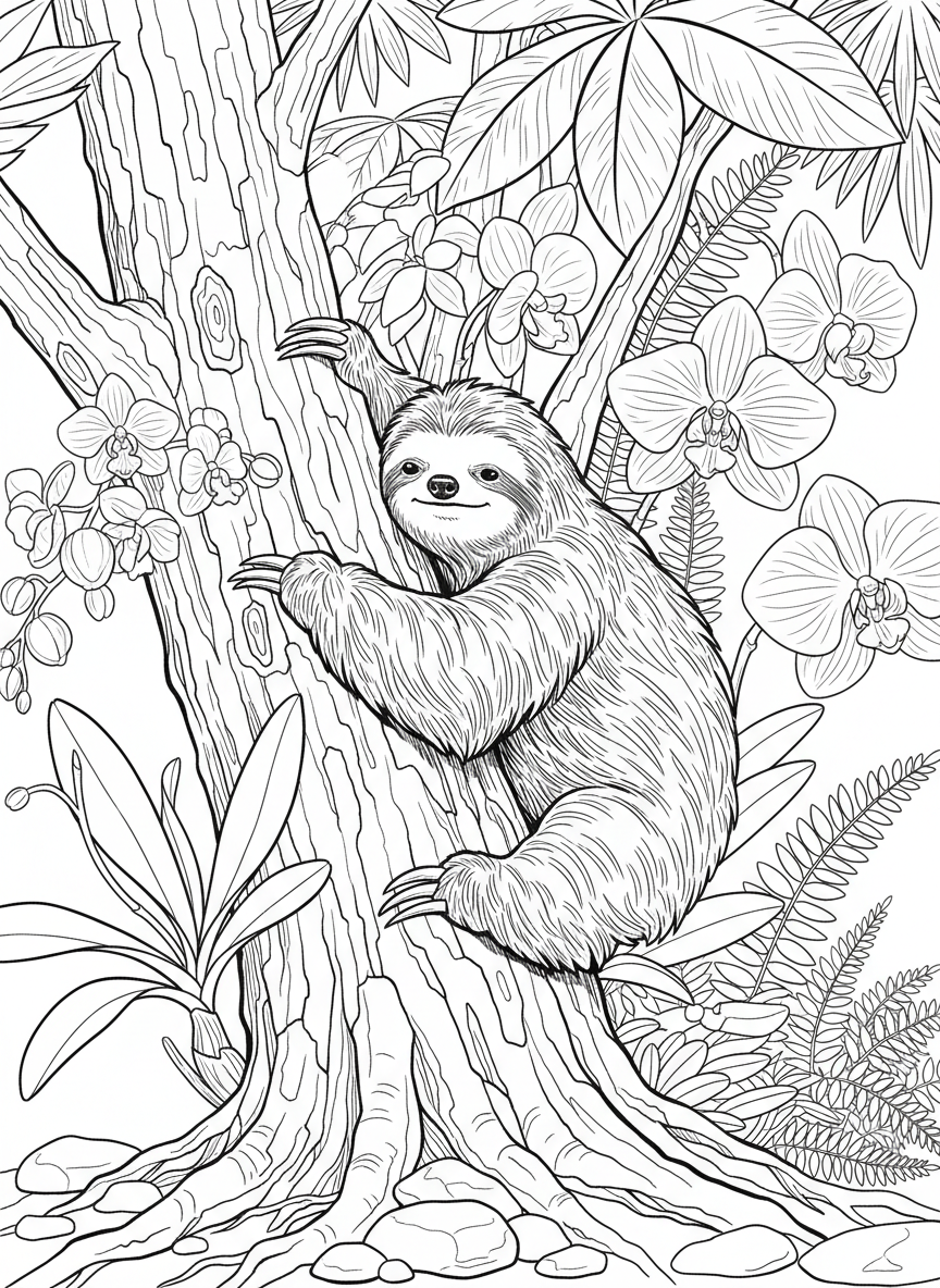 A sloth climbing up a tree trunk with detailed bark texture, surrounded by orchids and ferns in the canopy