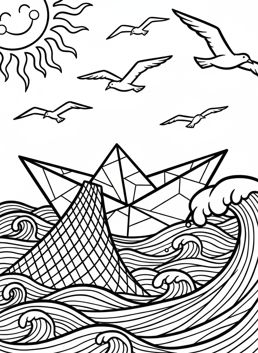 An origami fishing boat with a geometric net hanging off the side, bobbing on waves with a smiling sun and seabirds overhead.