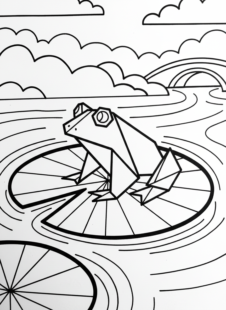 A simple origami frog with geometric folded paper triangles and clean lines, sitting on a lily pad, perfect for young children to color