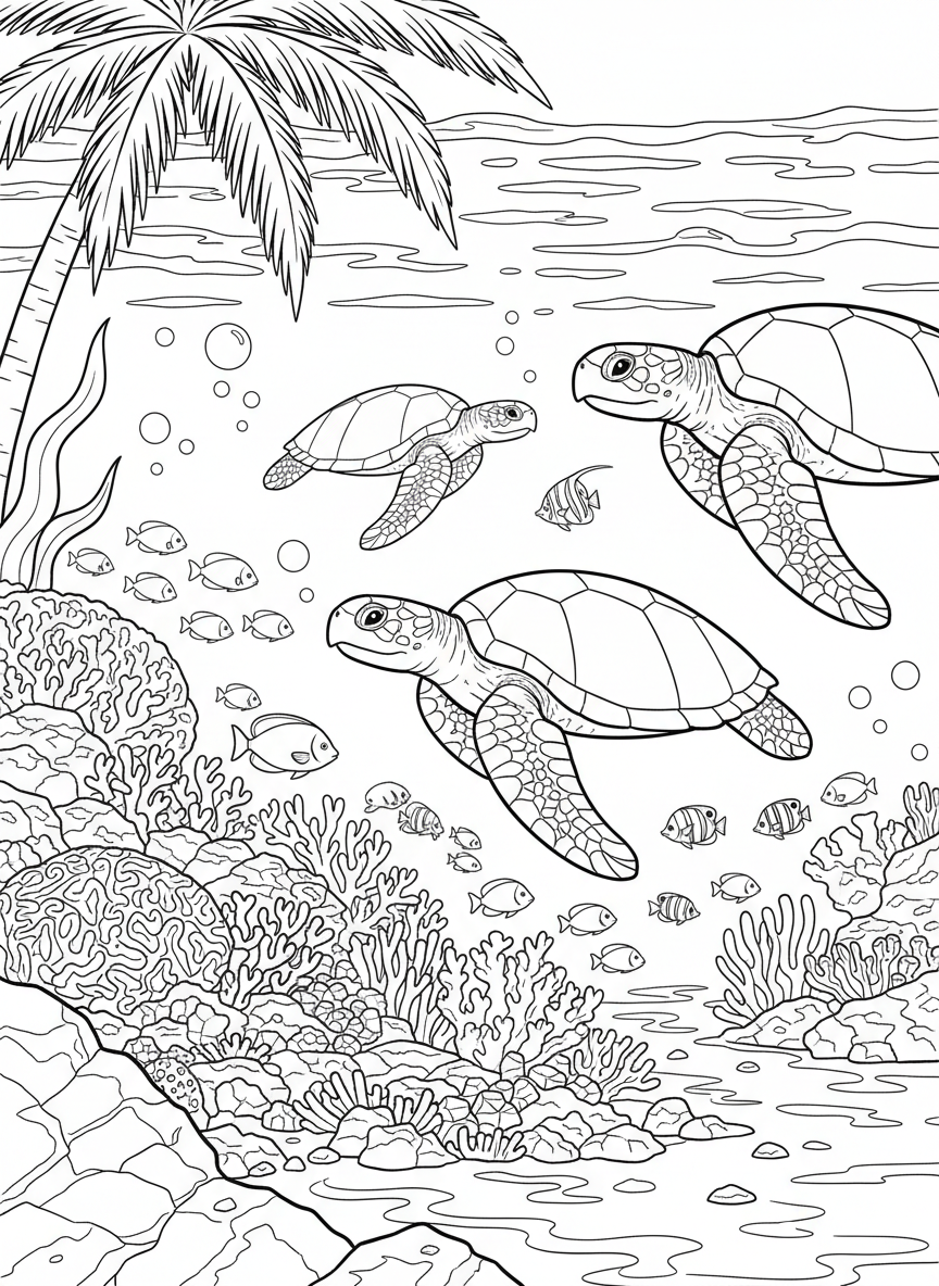 A tropical cove where sea turtles swim near coral reefs and colorful fish move through the shallow water.
