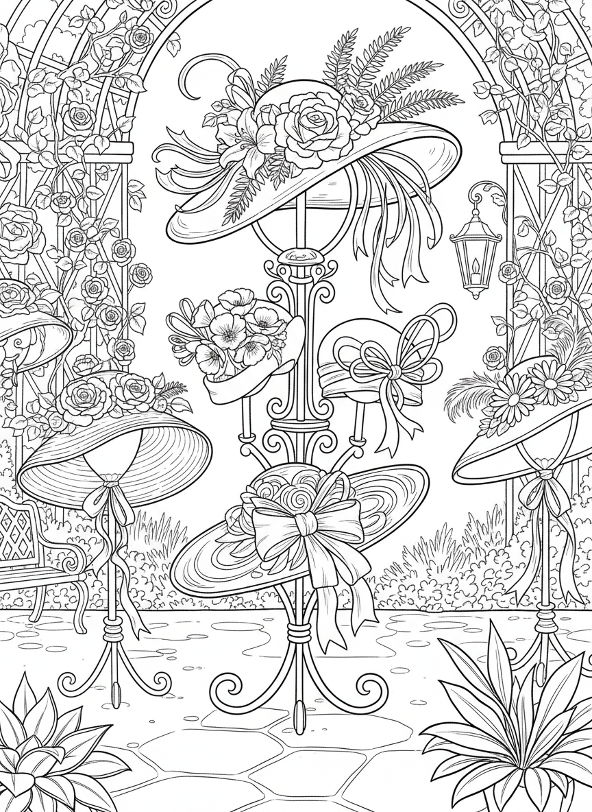 An ornate ladies' hat display featuring multiple fancy Derby hats with different flower arrangements and ribbon designs.