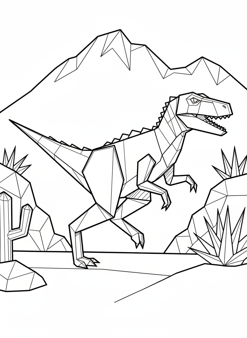 An origami Velociraptor in a running pose, with sharp angular legs and geometric body made from folded paper triangles and rectangles.