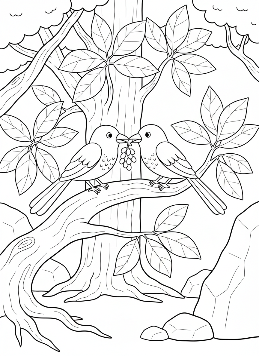 Two birds sitting on a tree branch sharing seeds, with leaves and simple nature elements around them.