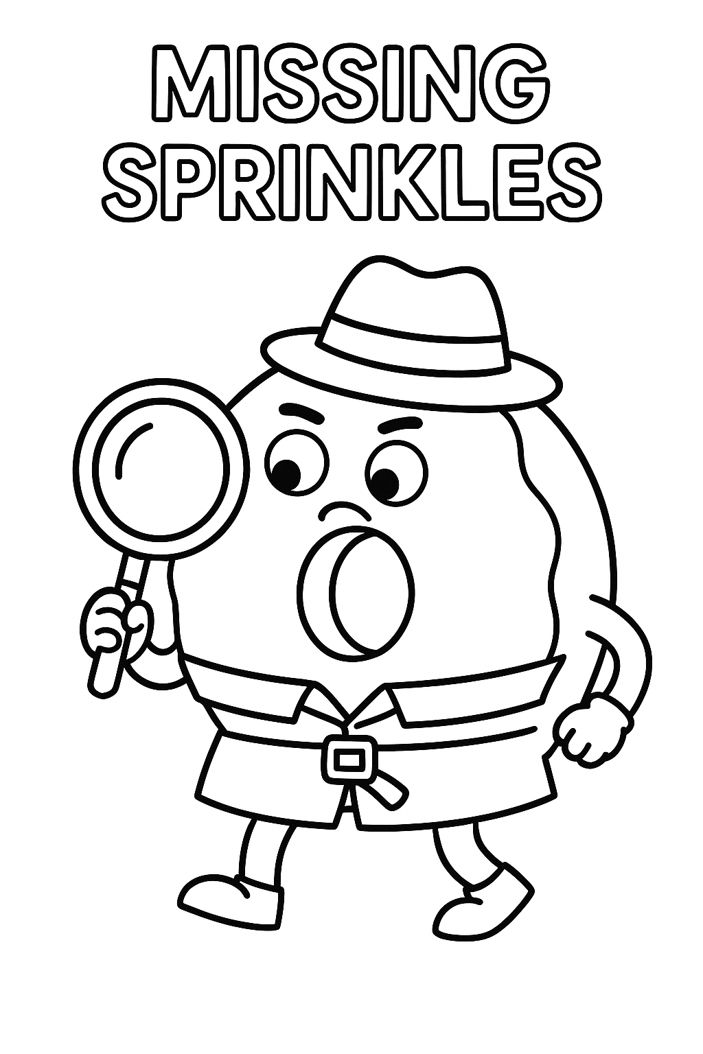 A detective donut with a magnifying glass searching for “missing sprinkles.”