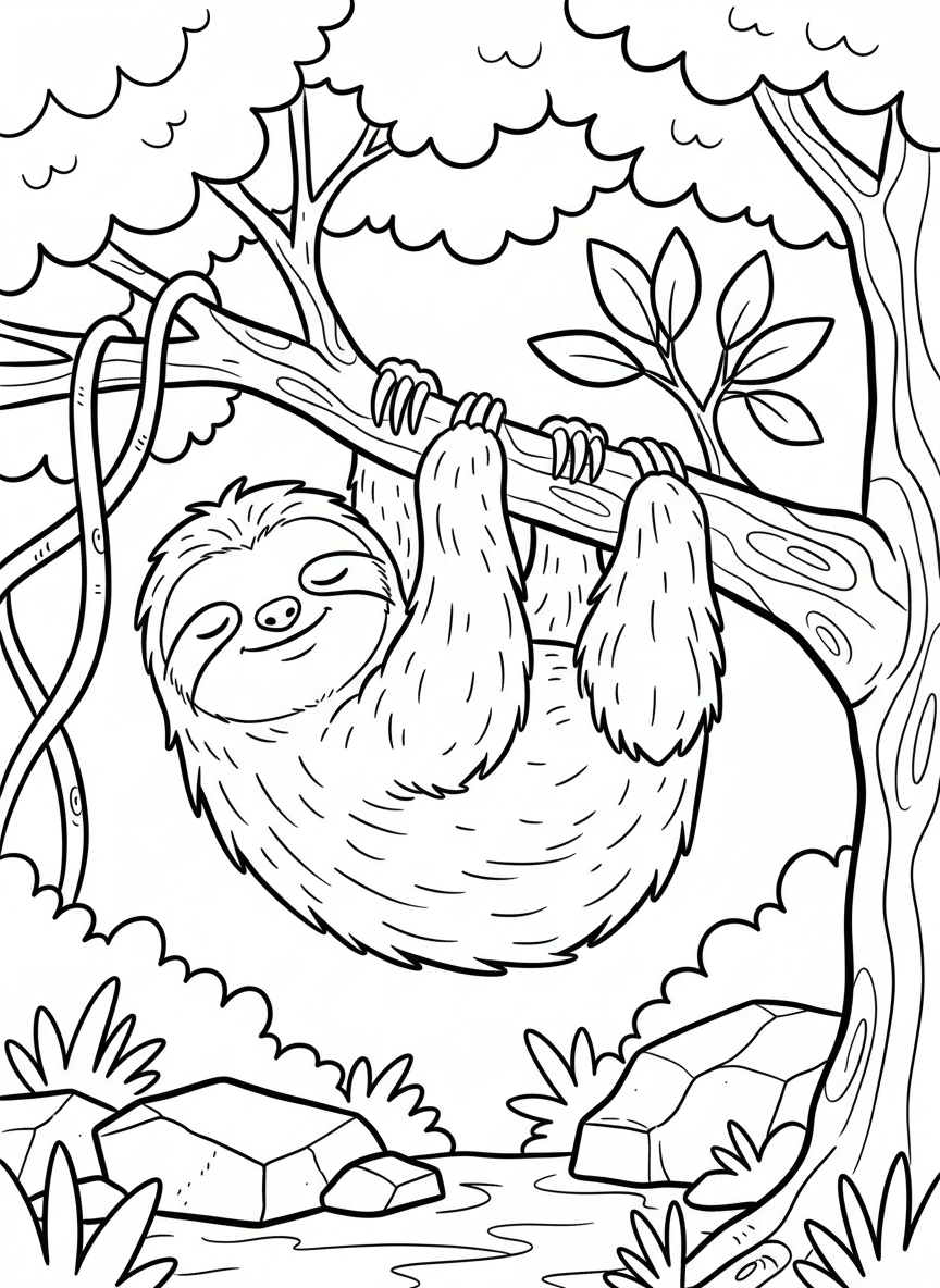 A sleepy sloth hanging upside down from a tree branch, with a gentle smile, long claws, and shaggy fur outlined in simple shapes.