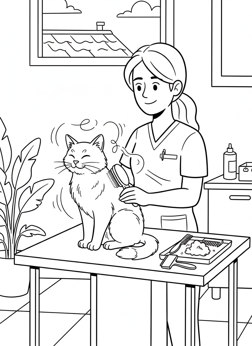 A cat receiving a gentle brushing from a veterinary technician, loose fur floating around, grooming tools visible