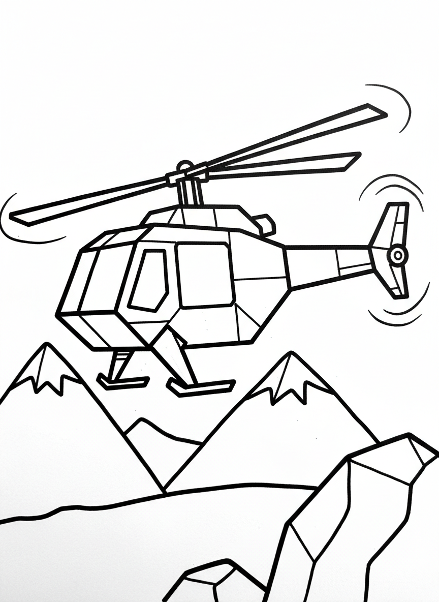 An origami helicopter with geometric rotor blades, angular cockpit, and rectangular tail flying above simple mountain shapes