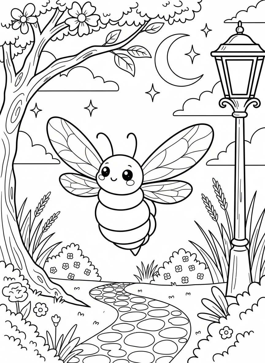 A cute firefly with a glowing abdomen flying through a nighttime garden scene.