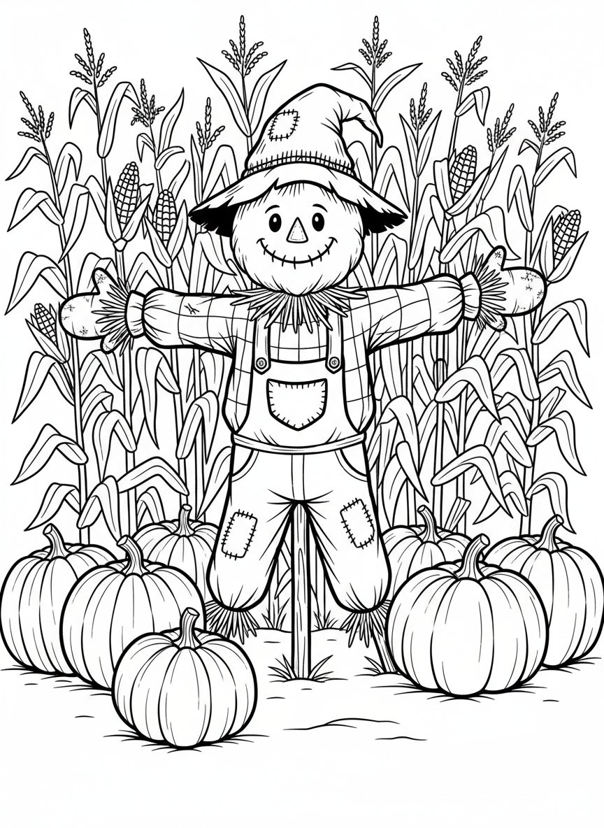 A cheerful scarecrow standing in a pumpkin patch with several large pumpkins around its feet and corn stalks in the background.