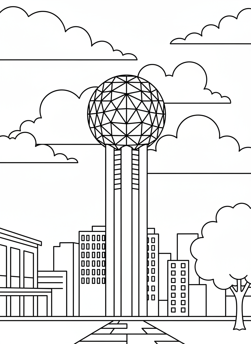 Reunion Tower with its iconic geodesic sphere standing tall against a simple skyline, with puffy clouds in the background, line art coloring page