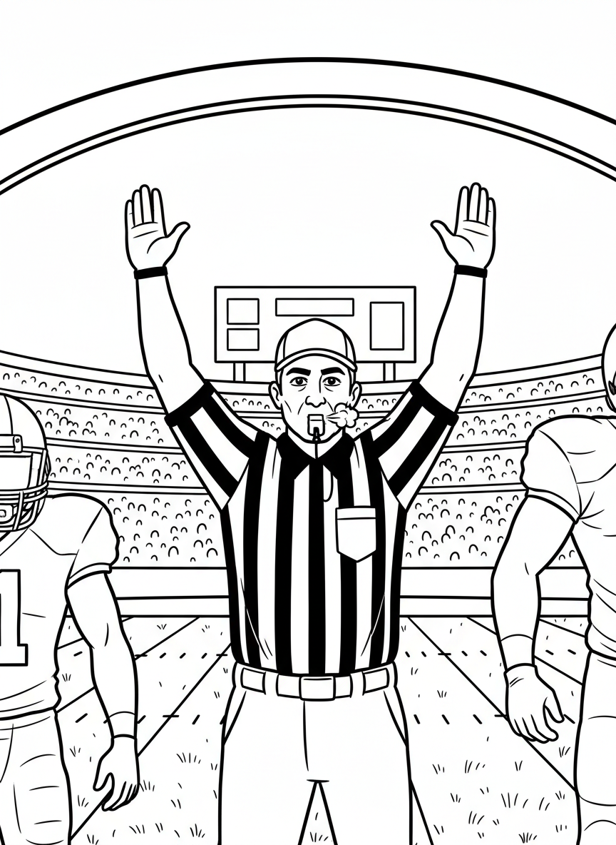 A referee in striped shirt blowing a whistle and making a touchdown signal with arms raised, official game moment