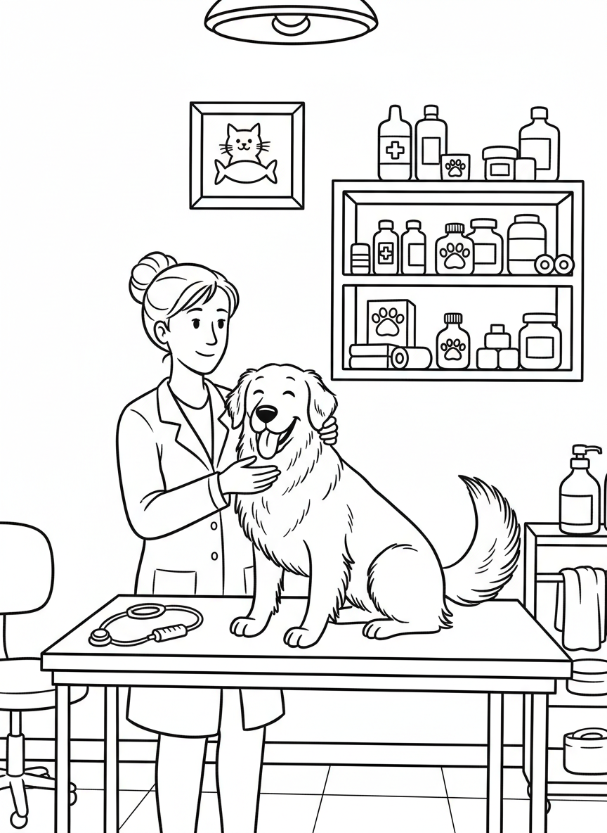 A veterinarian gently petting a happy dog on an examination table, with pet care supplies visible on shelves in the background.