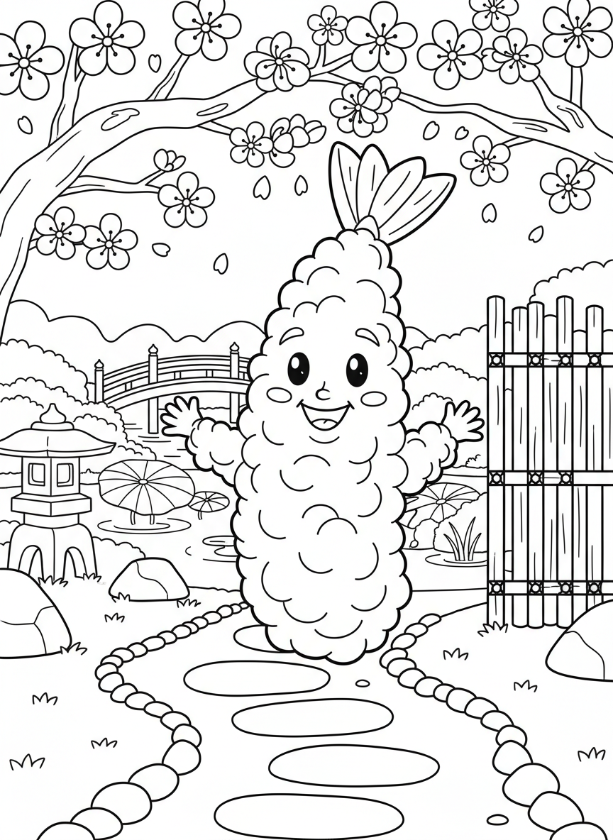 A friendly tempura shrimp with a light batter coating, standing upright with a smiling face and tiny arms