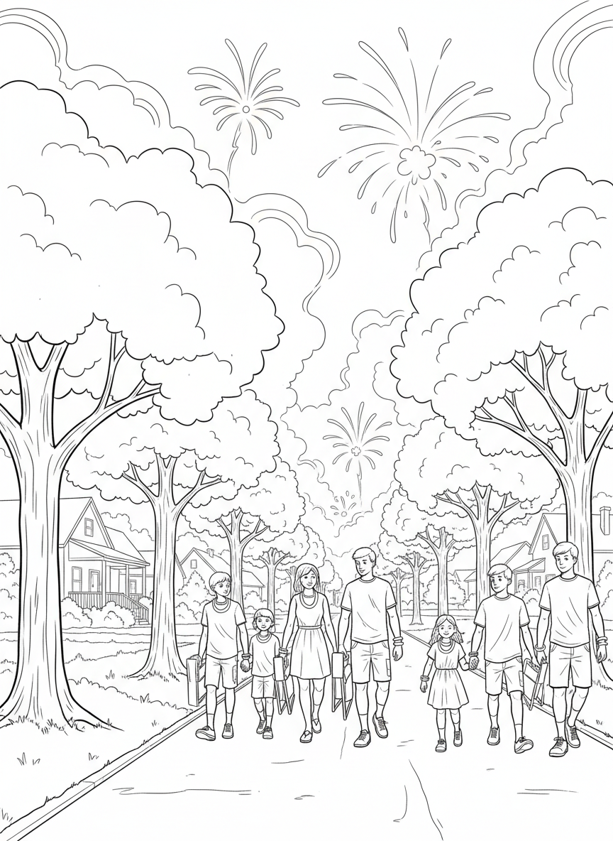 Fourth of July coloring page prompts celebrating summer patriotism, fireworks, parades, backyard traditions, and small-town American scenes.	A calm moment after the fireworks end, smoke drifting through the air as families walk home along tree-lined streets carrying folded chairs and glowing bracelets.