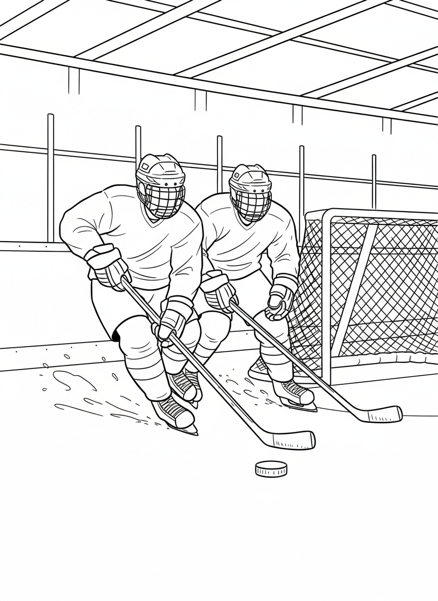 Two hockey players racing toward a puck on an ice rink, wearing helmets and holding hockey sticks, with a goal net visible in the background.