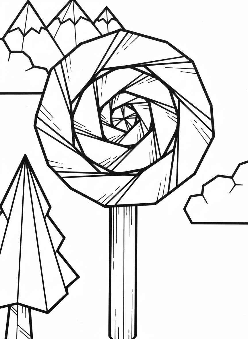 An origami-style lollipop with geometric spiral pattern in the round candy part and angular stick, featuring decorative fold lines.
