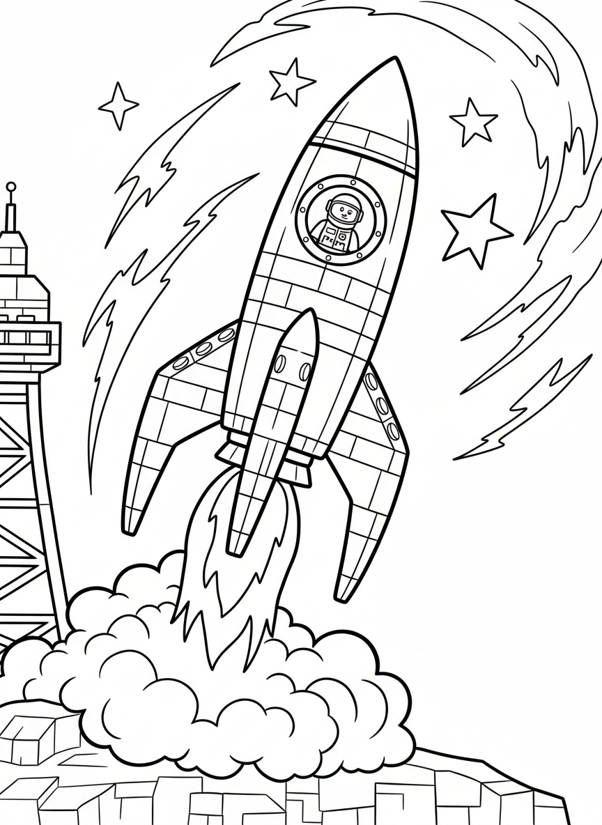 A toy brick rocket launching into space with flame bricks at the bottom and an astronaut minifigure in the window.