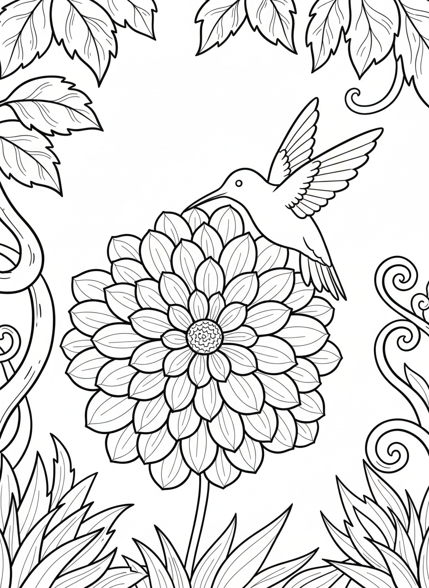 Simple composition of a hummingbird silhouette approaching a single large dahlia flower with layered petals