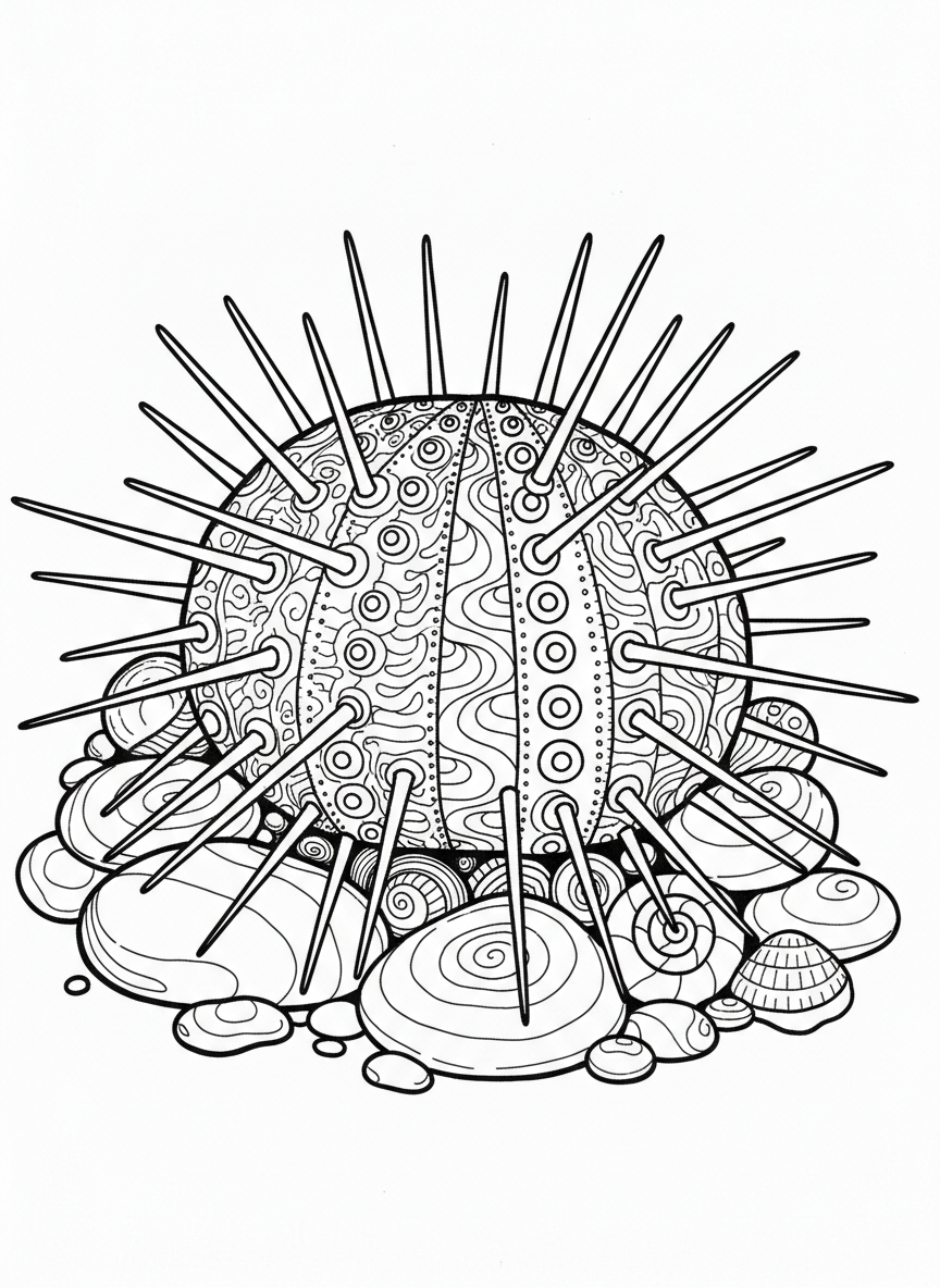 A detailed sea urchin with long spines sitting among rounded stones and small shells, intermediate difficulty with pattern details