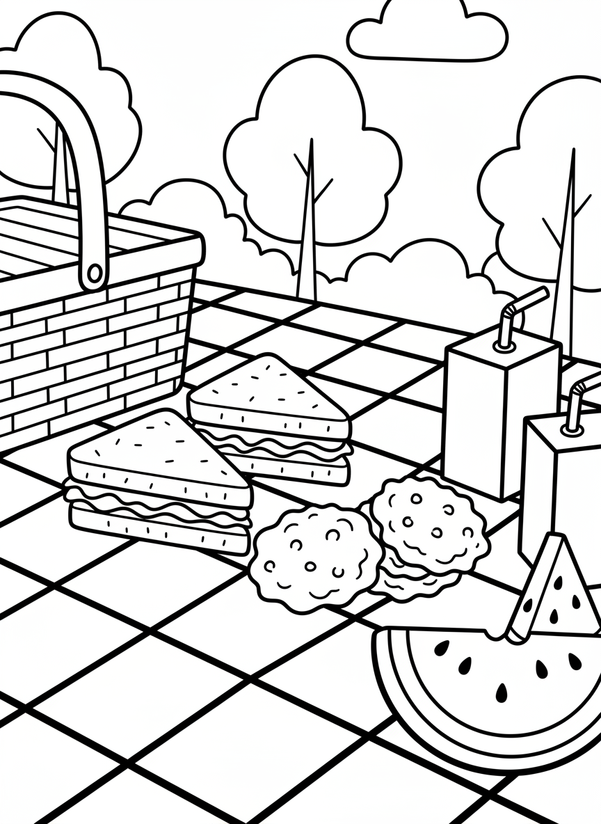 A picnic scene with a checkered blanket, sandwiches, cookies, juice boxes, and watermelon slices laid out.