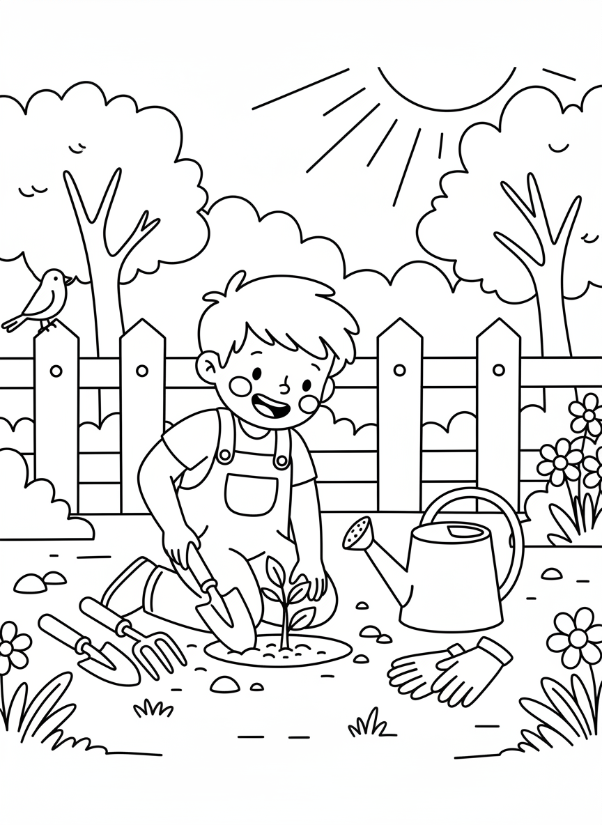 A cheerful child planting a small sapling in the ground with a shovel, surrounded by gardening tools and a watering can.